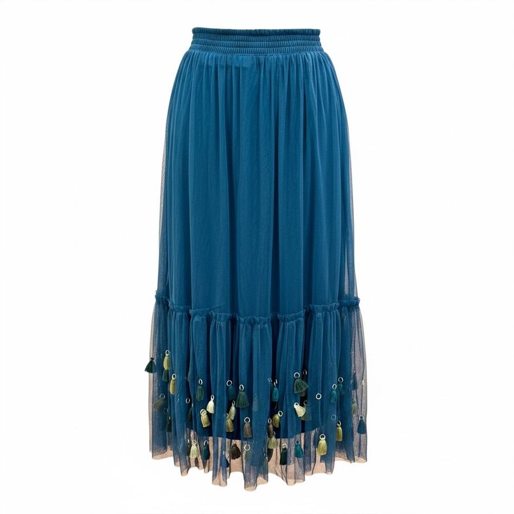 Anthropologie Maeve Blue Masti Tassel Midi Skirt Boho Festival Size S